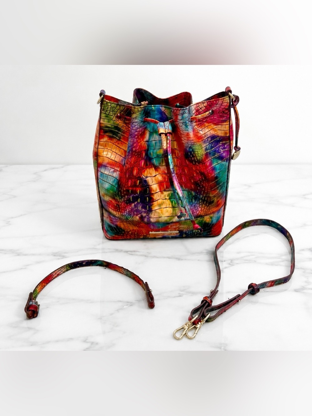 BRAHMIN Marlowe CrocEmbossed Leather BucketBag in Fallstruck Rainbow Colors NWOT - Picture 16 of 17